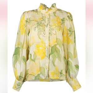 Christy Lynn Marley Top Blouse Waterlily Yellow Embroidered XL $525 fairy glam